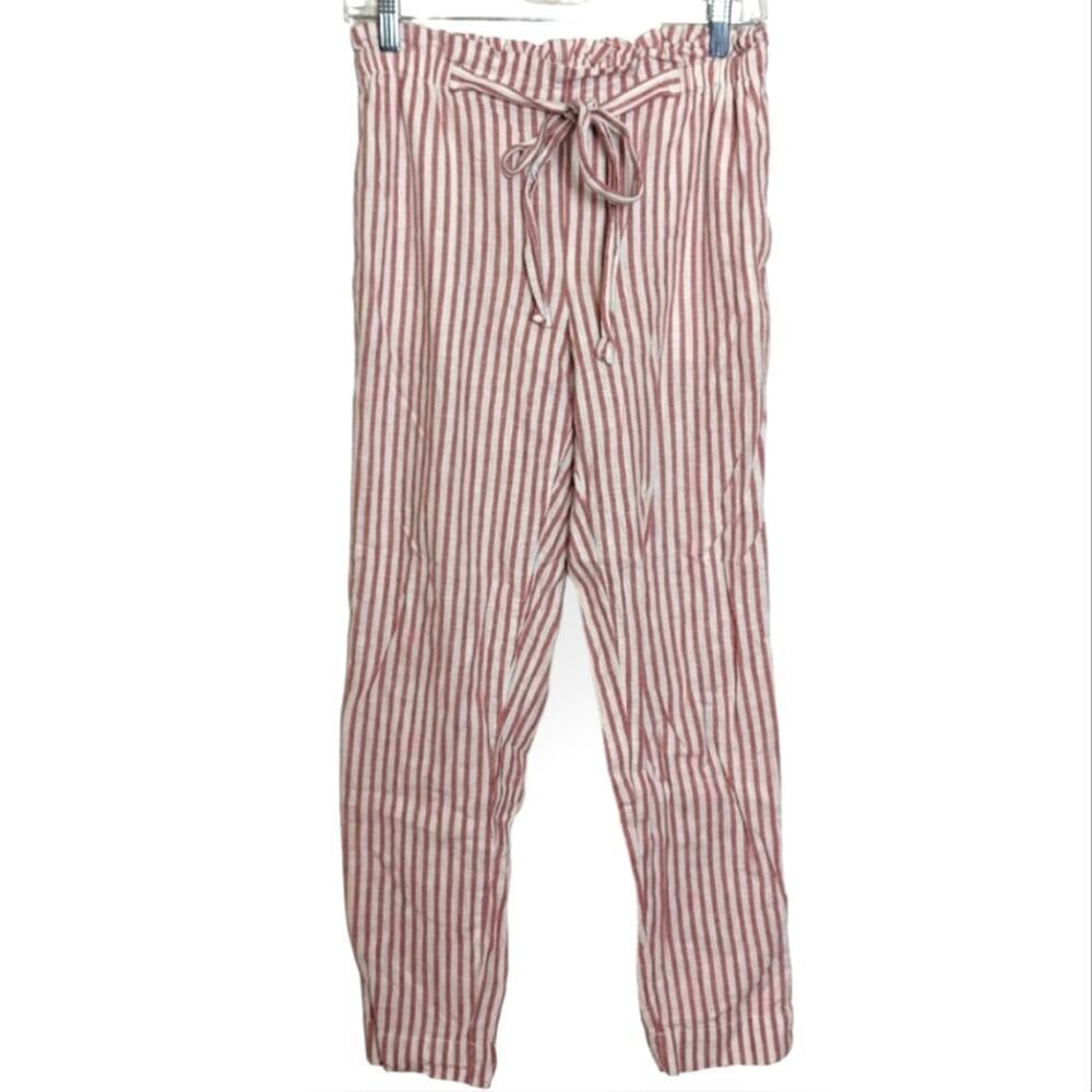 BeachLunchLounge Linen Blend PaperBag Tie Waist Striped Casual Lounge Pants S